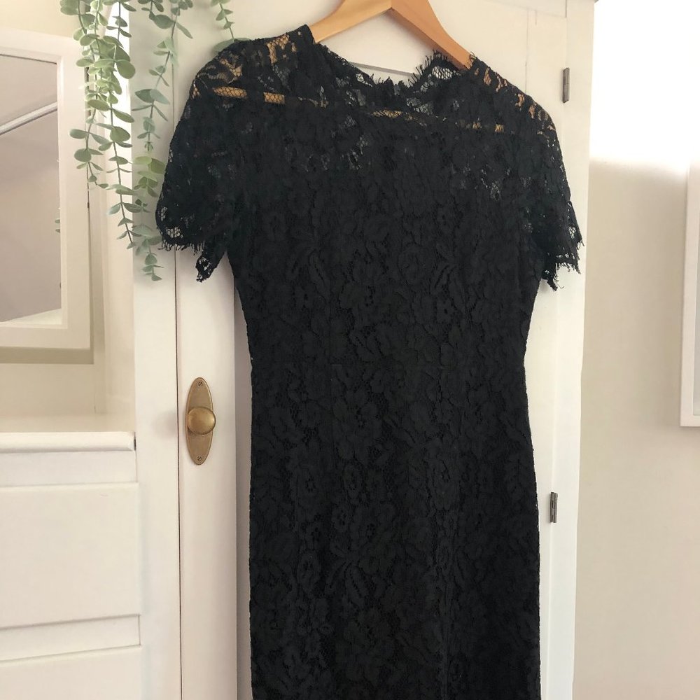 Form fitting cocktail dress with lace overlay